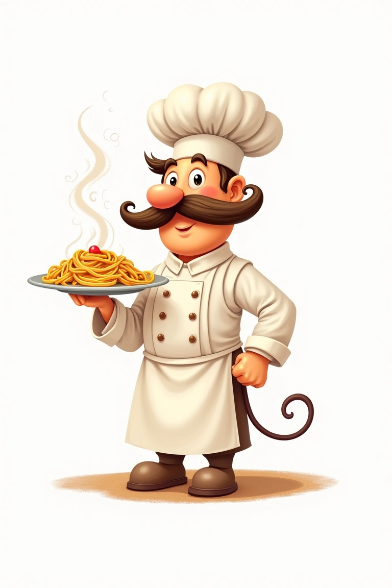 Mascote chef italiano simpático de bigode segurando prato de massa fumegante
